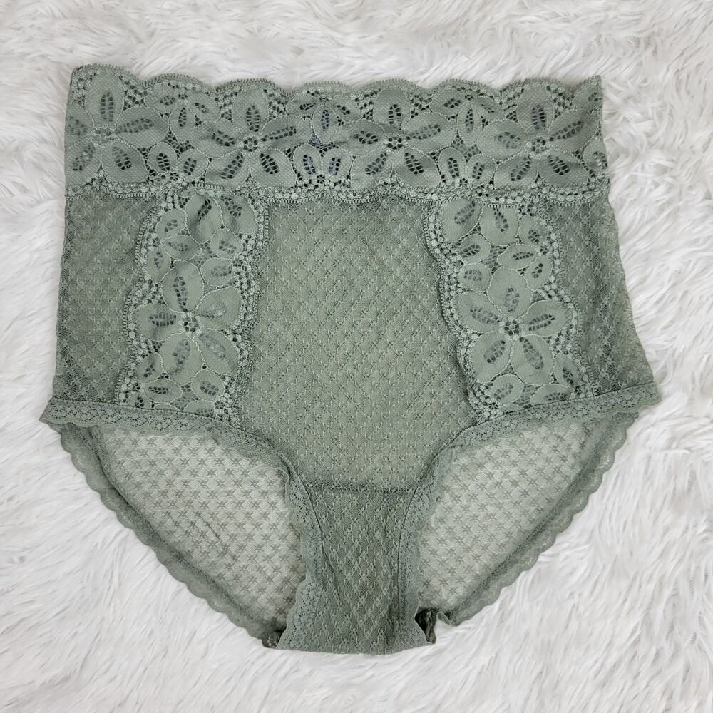 Lace High Waisted Brief Sage Green Floral‎ Mesh Lingerie